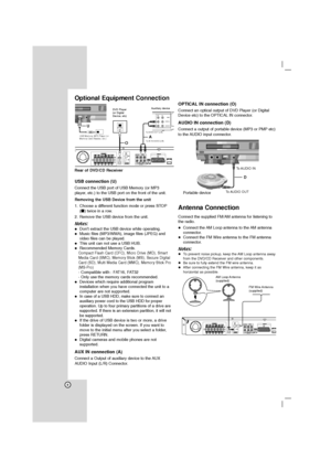 Page 88
Optional Equipment Connection
USB connection (U)
Connect the USB port of USB Memory (or MP3
player, etc.) to the USB port on the front of the unit.
Removing the USB Device from the unit
1. Choose a different function mode or press STOP
(x) twice in a row.
2. Remove the USB device from the unit.
Notes:
 Don’t extract the USB device while operating.
Music files (MP3/WMA), image files (JPEG) and
video files can be played.
 This unit can not use a USB HUB.
Recommended Memory Cards.Compact Flash...