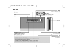 Page 99
Tuning (-/+)
Skip / Search
Stop
EJECT
Play/Pause, Function 
Press and hold down this button for
about 3 seconds then press repeat-
edly to select other function.Volume
Control the volume when using
any function.
Disc slot
Power
Turn the unit on and off.
Moving into the Power save mode.
VSM
Selects the Dolby Pro Logic II
or Virtual sound.
Main Unit
Precautions in using the touch buttons
• Use the touch buttons with clean and dry hands.
- In a humid environment, wipe out any moisture on the touch buttons...