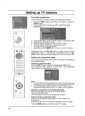 Page 2020
Setting up TV stations
Favourite programme
This function lets you select your favourite programmes directly.
1. 
Press the MENU button and thenD
D 
 / E
E 
 button to select the
Stationmenu.
2. Press the G
Gbutton and then D
D 
 / E
E 
 to select Favourite 
programme.
3. Press the 
G Gbutton and then F
F 
 / G
Gbutton to select On or Off.
4. Press the 
D D 
 / E
E 
 button to select -- -----.
5.  Select a desired programme with the F F 
 / G
G 
 button.
6. To store another programme, repeat steps 4 to...