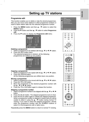 Page 1919
ENGLISH
Programme edit
This function enables you to delete or skip the stored programmes.
Also you can move some stations to other programme numbers or
insert a blank station data into the selected programme number.
1. Press the MENU button and then
D
D 
 / E
E 
 button to select the
Stationmenu.
2. Press the 
G Gbuttonand then D
D 
 / E
E 
 button to select Programme
edit.
3.
Press the G Gbutton to display the Programme editmenu.
Deleting a programme 
1. Select a programme to be deleted with the 
D D...