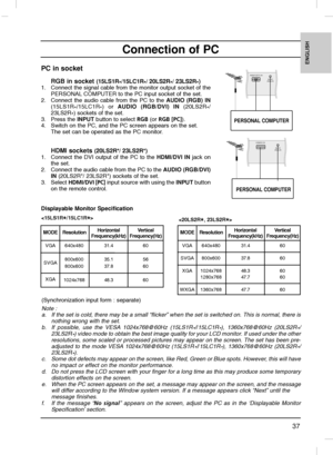 Page 3737
ENGLISH
Connection of PC
PC in socket 
RGB in socket (15LS1R
*/15LC1R
*/ 20LS2R
*/ 23LS2R
*)
1.  Connect the signal cable from the monitor output socket of the
PERSONAL COMPUTER to the PC input socket of the set.
2.  Connect the audio cable from the PC to the AUDIO (RGB) IN
(15LS1R
*/15LC1R
*) or AUDIO (RGB/DVI) IN(20LS2R
*/
23LS2R
*) sockets of the set.
3. Press the INPUTbutton to select RGB (or RGB [PC]).
4. Switch on the PC, and the PC screen appears on the set.
The set can be operated as the PC...