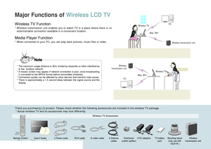 Page 22
Major Functions of Wireless LCD TV
Wireless TV Function 
* Wireless transmission unit enables you to watch TV in a place where there is no
antenna/cable connection available in a convenient location.
Media Player Function
* When connected to your PC, you can play back pictures, music files or video.
Thank you purchasing LG product. Please check whether the following accessories are included in the wireless TV package.
* Actual wireless TV and its accessories may look differently.
* The maximum usage...