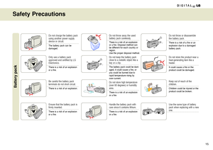 Page 1515
Safety Precautions
Do not charge the battery pack
using another power supply
device or circuit.
The battery pack can be 
damaged.
Battery pack
Only use a battery pack
approved and certified by LG
Electronics.
There is a risk of an explosion
or a fire.
Be careful the battery pack 
terminals do not short circuit.
There is a risk of an explosion.
Ensure that the battery pack is
firmly inserted.
There is a risk of an explosion
or a fire.
Do not throw away the used 
battery pack carelessly.
There is a risk...