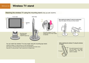 Page 1818
Before you Use Wireless TV stand
Watching the wireless TV using the mounting stand (Only use with 15LW1R)
12
Front view Side View
Wireless
TV
Mounting stand
(Applicable for
15LW1R model only) Lift up the wireless TV while
holding down the 
“Push ” button
to separate.
You can watch the wireless TV at any angle using the mounting type stand.
Unfold the wireless TV stand and put it on the mounting stand.
If the stand is not fixed properly, the stand can be separated and broken down. 
Press the TV until...