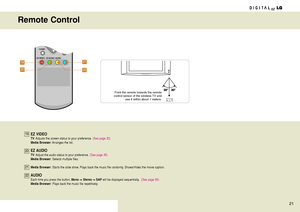 Page 2121
19
20
21
22
Remote Control
TV/AV TV/AVTV/MEDIA TV/MEDIA
SLEEP SLEEPCC CCFLASHBK
FLASHBKSURF
SURF
Point the remote towards the remote
control sensor of the wireless TV and
use it within about 7 meters.
EZ VIDEOTV: Adjusts the screen status to your preference.(See page 32)Media Browser: Arranges the list.
EZ AUDIOTV: Adjust the audio status to your preference.(See page 35)Media Browser: Selects multiple files.
Media Browser: Starts the slide show, Plays back the music file randomly, Shows/Hides the...