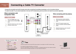 Page 2626
Connection and
UsageConnecting a Cable TV Converter
- Do not attach the wireless transmission unit to the wall.
- If you find a mosaic pattern on the screen or the screen is not displayed properly due to poor network connection,
set the front side of the wireless transmission unit to face towards the wireless TV. - Follow the instructions from the local CATV service provider for more details on the CATV connection usage.
Wireless transmission unit Front
Necessary Connection Cables
RCA cable
S-Video...