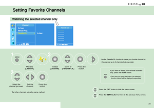 Page 31Watching the selected channel only
Move to
[Channel].
Set the 
channel.Press the
button.
Select the 
channel you want.
* Set other channels using the same method.
Select
[Channel].Move to
[Favorite Ch.]Press the 
button.
Use the Favorite Ch. function to create your favorite channel list.
• You can set up to 6 channels that you prefer.
1
32
Press the EXIT button to hide the menu screen.
Press the 
MENUbutton to move to the previous menu screen.
Setting Favorite Channels
If you want to watch your favorite...