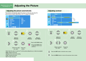 Page 32Adjustment when Using
the Wireless TV Adjusting the Picture
Adjusting the picture automaticallyAdjusting contrast
This function automatically adjusts the picture so that you can enjoy the
optimal picture quality depending on the TV usage environment.
Move to
[Picture].
Press the 
button. Select the state
you want.Select 
[Picture].Move to 
[Picture].
Adjust contrast
you want.
Press the EXIT button to hide the menu screen.
Press the 
MENUbutton to move to the previous menu screen.
Press the 
button.Select...