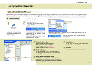 Page 53Using Media Browser
Using Media Library Manager
Once theMedia Libraryprogram is installed in your computer, you can view the picture or play back music or movie by connecting the wireless TV to the Media Browser.
Pictures, music files and movie files should have been shared using the Media Library Manager to view the picture or play back music or movie stored in the computer.
1
• Double click the Media Library
icon on the Desktop window to
start the program.
To start with a different method,
1.Select...