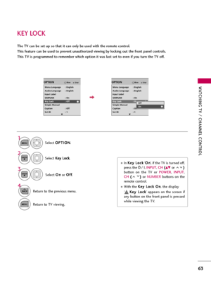 Page 63WATCHING TV / CHANNEL CONTROL
63
KEY LOCK
The TV can be set up so that it can only be used with the remote control. 
This feature can be used to prevent unauthorized viewing by locking out the front panel controls.
This TV is programmed to remember which option it was last set to even if you turn the TV off.
Select O OP
PT
TI
IO
ON
N
.
Select K Ke
ey
y 
 L
Lo
oc
ck
k
.
1
MENU
2ENTER
Select O On
n
or O Of
ff
f
.
3
ENTER
In K Ke
ey
y 
 L
Lo
oc
ck
k
‘O On
n
’, if the TV is turned off,
press the 
r r
/ I,...