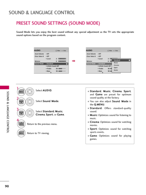 Page 90SOUND & LANGUAGE CONTROL
90
PRESET SOUND SETTINGS (SOUND MODE)
SOUND & LANGUAGE CONTROL
Sound  Mode  lets  you  enjoy  the  best  sound  without  any  special  adjustment  as  the  TV  sets  the  appropriate
sound options based on the program content.
EnterMoveAUDIO
Auto Volume : Off
Clear Voice II : Off
• Level 3
Balance 0
Sound Mode : Standard
• 
Infinite Sound :Off
• Treble 50
• Bass 50
EnterMoveAUDIO
Auto Volume : Off
Clear Voice II : Off
• Level 3
Balance 0
Sound Mode : Standard
• 
Infinite Sound...