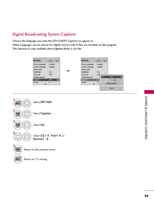 Page 99SOUND & LANGUAGE CONTROL
99
Digital Broadcasting System Captions
Choose the language you want the DTV/CADTV Captions to appear in.
Other Languages can be chosen for digital sources only if they are included on the program.
This function in only available when CaptionMode is set On.
Select O OP
PT
TI
IO
ON
N
.
Select C Ca
ap
pt
ti
io
on
n
.
Select O On
n
.1
MENU
3 2
ENTER
ENTER
Select C CC
C1
1
-4 4
, T Te
ex
xt
t1
1
-4 4
, or
S Se
er
rv
vi
ic
ce
e1
1
- 6 6
.4
5
BACKReturn to the previous menu.
MENUReturn...