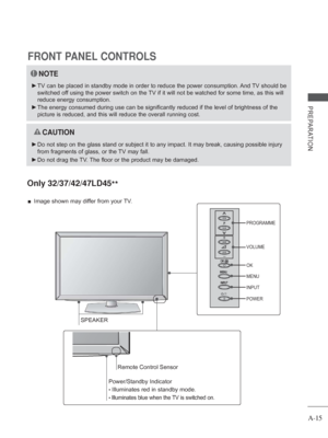 Page 19
A-15
PREPARATION
FRONT PANEL CONTROLS
 
■ Image shown may differ from your TV.
NOTE
 
► TV can be placed in standby mode in order to reduce the power consumptio\
n. And TV should be 
switched off using the power switch on the TV if it will not be watched for some time, as this will 
reduce energy consumption.
 
► The energy consumed during use can be significantly reduced if the level\
 of brightness of the 
picture is reduced, and this will reduce the overall running cost.
 
 CAUTION
 
► Do not step on...