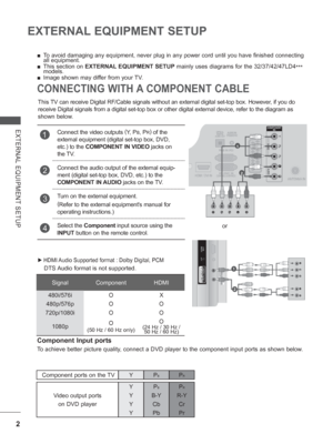 Page 50
2
EXTERNAL EQUIPMENT SETUP
EXTERNAL EQUIPMENT SETUP
CONNECTING WITH A COMPONENT CABLE
 
■ To avoid damaging any equipment, never plug in any power cord until you h\
ave finished connecting 
all equipment.
 
■ This section on  EXTERNAL EQUIPMENT SETUP  mainly uses diagrams for the 32/37/42/47LD4
*** 
models.
 
■ Image shown may differ from your TV.
This TV  can receive Digital RF/Cable signals without an external digital set-top\
 box. However, if you do 
receive Digital signals from a digital set-top...