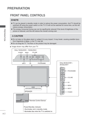 Page 6
A-2
PREPARATION
PREPARATION
FRONT PANEL CONTROLS
 
■ Image shown may differ from your TV.
NOTE
 
► TV can be placed in standby mode in order to reduce the power consumptio\
n. And TV should be 
switched off using the power switch on the TV if it will not be watched for some time, as this will 
reduce energy consumption. 
 
► The energy consumed during use can be significantly reduced if the level\
 of brightness of the 
picture is reduced, and this will reduce the overall running cost.
 
 CAUTION
 
► Do...