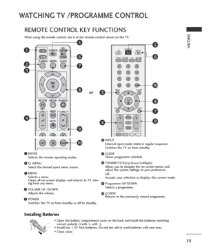 Page 1313
WATCHING TV /PROGRAMME CONTROL
ENGLISHREMOTE CONTROL KEY FUNCTIONS
When using the remote control, aim it at the remote control sensor on the TV.
Installing Batteries
■ Open the battery compartment cover on the back and install the batteries matching
correct polarity (+with +,-with -). 
■Install two 1.5V AAA batteries. Do not mix old or used batteries with new ones.
■Close cover.
1
2
3
4
5
6
7
8
9
10
OK 
MENUAV MODE
GUIDE
123
456
789
0
Q.VIEWLIST
TV INPUTD/A
POWER
VOL PR
I/IIMUTETEXT
RETURNEXIT
FAV...