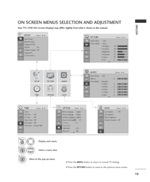 Page 1515
ENGLISHON SCREEN MENUS SELECTION AND ADJUSTMENT
Your TV's OSD (
On Screen Display)
may differ slightly from what is shown in this manual.
SETUPAUDIO
TIMEOPTIONLOCK
PICTURE
Auto tuning
Manual tuning
Programme Edit
Booster              : On
Software Update : Off
Diagnostics
CI Information
SETUPMoveOK
Aspect Ratio : 16:9
Picture Mode : Vivid
• Backlight 100
• Contrast 100
• Brightness 50
• Sharpness 70
• Colour 70
• Tint 0
PICTUREMoveOK
E
Auto Volume : Off
Balance 0
Sound Mode    : Standard
• 120Hz...