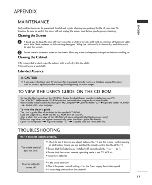 Page 1717
APPENDIX
ENGLISH
TO VIEW THE USER'S GUIDE ON THE CD-ROM
To view the User's guide on the CD-ROM, Adobe Acrobat Reader must be installed on your PC.
The "ACRORD" folder on the CD-ROM contains the installation program for Acrobat Reader.
If you want to install Acrobat Reader, Open "My Computer"      Open the folder "LG"       Open the folder "ACRORD"   
double-click your language.
T To
o 
 v
vi
ie
ew
w 
 t
th
he
e 
 U
Us
se
er
r'
's
s 
 g
gu
ui
id
de
e
The...