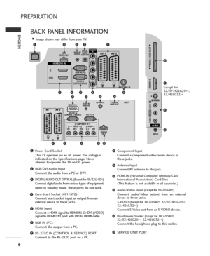 Page 66
ENGLISH
PREPARATION
RGB IN (PC)
OPTICAL
DIGITAL
AUDIO OUTAV  1 AV  2
ANTENNA IN
RS-232C IN
(CONTROL & SERVICE)
AUDIO IN(RGB/DVI)
HDMI/DVI IN
2
1(DVI)
COMPONENT
IN
VIDEO
AUDIO
AV IN 3
H/P
L / MONO
R
AUDIO
HDMI IN 3  PCMCIS CARD SLOT
VIDEO
S-VIDEO
USB IN
SERVICE ONLY
Power Cord Socket
This TV operates on an AC power. The voltage is
indicated on the Specifications page. Never
attempt to operate the TV on DC power.
RGB/DVI Audio Input
Connect the audio from a PC or DTV.
DIGITAL AUDIO OUT OPTICAL (Except...