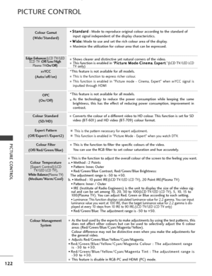 Page 124122
PICTURE CONTROL
PICTURE CONTROL
• S
St
ta
a n
n d
d a
ar
rd
d
: Mode to reproduce original colour according to the standard of
input signal independent of the display characteristics.
• W
W i
id
d e
e:
:
Mode to use and set the rich colour area of the display. 
■Maximize the utilization for colour area that can be expressed.
■Shows clearer and distinctive yet natural corners of the video.
■This function is enabled in “ P
P
i
ic
c t
tu
u r
re
e  
 M
M o
od
de
e
-C
C
i
in
n e
em
m a
a
, E
E
x
xp
p e...