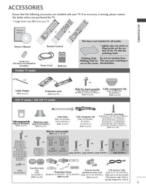 Page 31
ACCESSORIES
ACCESSORIES
Ensure that the following accessories are included with your TV. If an accessory is missing, please contact
the dealer where you purchased the TV.
■Image shown may differ from your TV.
Owner’s ManualBatteries
Remote Control
Power Cord
Polishing Cloth
Polishing cloth for use on the screen. This item is not included for all models.
* Lightly wipe any stains or
fingerprints on the sur-
face of the TV with the
polishing cloth.
Do not use excessive force.
This may cause scratching...