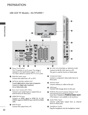 Page 2422
PREPARATION
PREPARATION
LED LCD TV Models : 42/47LH90**
Power Cord Socket
This TV operates on an AC power. The voltage is
indicated on the Specifications page.(
G
G  
 p.155 to
16 7
) Never attempt to operate the TV on DC power.
RGB/DVI Audio Input
Connect the audio from a PC or DTV.
OPTICAL DIGITAL AUDIO OUT 
Connect digital audio to various types of equipment.  Connect to a Digital Audio Component.
Use an Optical audio cable.
Euro Scart Socket (AV1/AV2) 
Connect scart socket input or output from an...