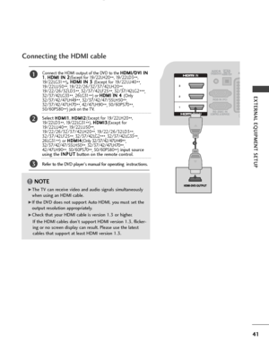 Page 4341
EXTERNAL EQUIPMENT SETUP
Connecting the HDMI cable
Connect the HDMI output of the DVD to the H
H
D
D M
M I
I/
/ D
D V
VI
I 
  I
IN
N
1
1 ,H
H
D
D M
M I
I 
  I
IN
N  
 2
2
(Except for 19/22LH20
**, 19/22LD3
**,
19/22LG31 **)
,
,
 
  H
H D
D M
M I
I 
  I
IN
N  
 3
3  
 
(Except for 19/22LU40
**,
19/22LU50 **, 19/22/26/32/37/42LH20
**,
19/22/26/32LD3 **, 32/37/42LF25
**, 32/37/42LG2
***,
32/37/42LG33 **, 26 LG 31
**
)or H
H
D
D M
M I
I 
  I
IN
N  
 4
4  
 
(Only
32/37/42/47LH49 **, 32/37/42/47/55LH50...
