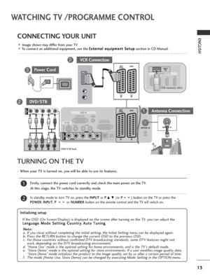 Page 1513
WATCHING TV /PROGRAMME CONTROL
ENGLISH
USB memory stick
■Image shown may differ from your TV■To connect an additional equipment, see the E Ex
xt
te
er
rn
na
al
l 
 e
eq
qu
ui
ip
pm
me
en
nt
t 
 S
Se
et
tu
up
p
section in CD Manual.
 . . . . . . . . . . . . . . . . . . . . . . . . . . . . . . . . . . . . . . . . . . . . . . . . . . . . . . . . . . . . . . . . . . . . . . . . . . . . . . . . . . . . . . . . . . . . . . . .
CONNECTING YOUR UNIT
(RGB)
(RGB)
VCR Connection2
DVD/STB2
Antenna Connection1...