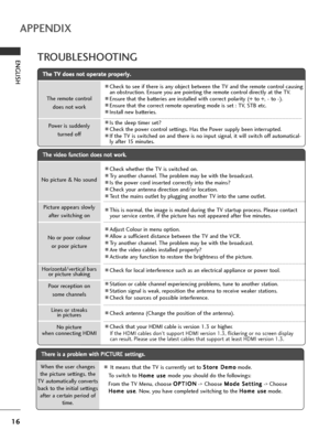 Page 1816
ENGLISH
APPENDIX
TROUBLESHOOTING
T Th
he
e 
 T
TV
V 
 d
do
oe
es
s 
 n
no
ot
t 
 o
op
pe
er
ra
at
te
e 
 p
pr
ro
op
pe
er
rl
ly
y.
.
The remote control 
does not work
Power is suddenly 
turned off
ACheck to see if there is any object between the TV and the remote control causing
an obstruction. Ensure you are pointing the remote control directly at the TV.
AEnsure that the batteries are installed with correct polarity (+ to +, - to -).
AEnsure that the correct remote operating mode is set : TV, STB...