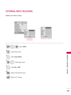 Page 107PARENTAL CONTROL / RATING
107
EXTERNAL INPUT BLOCKING
Enables you to block an input.
Select I In
np
pu
ut
t 
 B
Bl
lo
oc
ck
k
.
Select input source.
4 3
Select O On
n
or O Of
ff
f
.5
ENTER
Select L LO
OC
CK
K
.
1
MENUENTER
Input the password.2123
45
06
789
6
BACKReturn to the previous menu.
EXITReturn to TV viewing.
EnterMoveLOCK
Lock System            : Off
Set Password
Block Channel
Movie Rating
TV Rating-Children
TV Rating-General
Downloadable Rating
Input Block
AV
Component
RGB-PC
HDMI
F FG
G
Close...