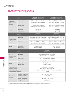 Page 112APPENDIX
112
APPENDIX
PRODUCT SPECIFICATIONS
The specifications shown above may be changed without prior notice for quality improvement.
MODELS
AC100-240V ~ 50/60Hz
NTSC-M, ATSC, 64 & 256 QAM
VHF 2-13, UHF 14-69, CATV 1-135, DTV 2-69, CADTV 1-135
75 ohm
32  ~ 104°F (0 ~40°C)
Less than 80%
-4 ~ 140°F (-20 ~60°C)
Less than 85% Dimensions
(Width x Height 
x Depth)
Weight
Power requirement
Television System
Program Coverage
External Antenna Impedance
Environment 
conditionWith stand
Without stand
With...