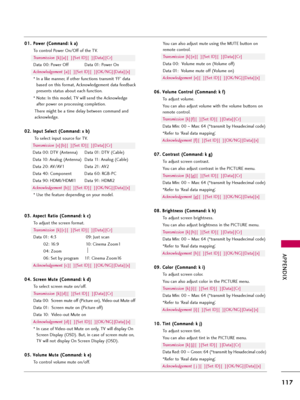 Page 117APPENDIX
117
0 01
1.
.P
Po
ow
we
er
r 
 (
(C
Co
om
mm
ma
an
nd
d:
: 
 k
k 
 a
a)
)
To control Power On/Off of the TV.
Transmission [k][a][  ][Set ID][  ][Data][Cr]
Data 00: Power Off Data 01: Power On
Acknowledgement [a][  ][Set ID][  ][OK/NG][Data][x]
* In a like manner, if other functions transmit ‘FF’ data
based on this format, Acknowledgement data feedback
presents status about each function.
* Note: In this model, TV will send the Acknowledge
after power on processing completion.
There might be a...