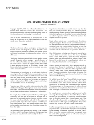 Page 124APPENDIX
124
APPENDIX
Copyright  (C)  1991,  1999  Free  Software  Foundation,  Inc.    51
Franklin  Street,  Fifth  Floor,  Boston,  MA    02110-1301    USA
Everyone is permitted to copy and distribute verbatim copies  of
this license document, but changing it is not allowed.
[This  is  the  first  released  version  of  the  Lesser  GPL.    It  also
counts  as the successor of the GNU Library Public License, ver-
sion 2, hence  the version number 2.1.]
Preamble
The  licenses  for  most  software  are...