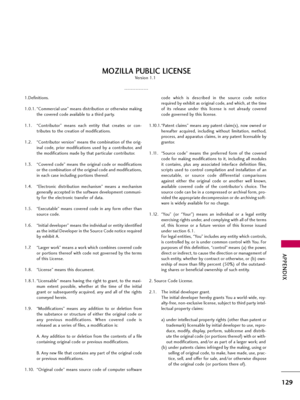 Page 129APPENDIX
129
1.Definitions.
1.0.1. “Commercial use” means distribution or otherwise making
the covered code available to a third party.
1.1. “Contributor”  means  each  entity  that  creates  or  con-
tributes to the creation of modifications.
1.2. “Contributor version” means the combination of the orig-
inal  code,  prior  modifications  used  by  a  contributor,  and
the modifications made by that particular contributor.
1.3. “Covered code” means the original code or modifications
or the combination of...