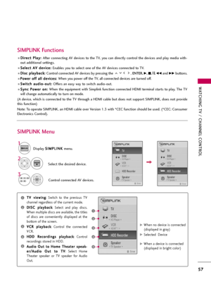 Page 57WATCHING TV / CHANNEL CONTROL
57
D Di
ir
re
ec
ct
t 
 P
Pl
la
ay
y:
: 
 
After connecting AV devices to the TV, you can directly control the devices and play media with-
out additional settings.
S Se
el
le
ec
ct
t 
 A
AV
V 
 d
de
ev
vi
ic
ce
e:
: 
 
Enables you to select one of the AV devices connected to TV.
D Di
is
sc
c 
 p
pl
la
ay
yb
ba
ac
ck
k:
: 
 
Control connected AV devices by pressing the  , ENTER, G, A, l l 
 l
l
, FFand GGbuttons. 
P Po
ow
we
er
r 
 o
of
ff
f 
 a
al
ll
l 
 d
de
ev
vi
ic...