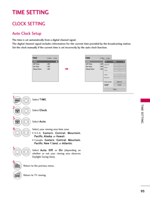 Page 93TIME SETTING
93
CLOCK SETTING
TIME SETTING
Auto Clock Setup
The time is set automatically from a digital channel signal.  
The digital channel signal includes information for the current time provided by the broadcasting station.
Set the clock manually if the current time is set incorrectly by the auto clock function.
Select T TI
IM
ME
E
.
Select C Cl
lo
oc
ck
k
.
Select A Au
ut
to
o
.1
MENU
3 2
ENTER
ENTER
Select your viewing area time zone.
• U.S.A: E Ea
as
st
te
er
rn
n
, C Ce
en
nt
tr
ra
al
l
, M Mo...