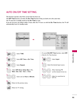 Page 95TIME SETTING
95
AUTO ON/OFF TIME SETTING
This function operates only if the current time has been set.
The O Of
ff
f 
 T
Ti
im
me
e
function overrides the O On
n 
 T
Ti
im
me
e
function if they are both set to the same time.
The TV must be in standby mode for the O On
n 
 T
Ti
im
me
e
to work.
If  you  do  not  press  any  button  within  2  hours  after  the  TV  turns  on  with  the O On
n 
 T
Ti
im
me
e
function,  the  TV  will
automatically revert to standby mode.
To cancel O On
n/
/O
Of
ff
f 
 T...