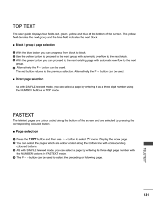 Page 179
131
TELETEXT
TOP TEXT
The user guide displays four fields-red, green, yellow and blue at the bottom of the screen. The yellow 
field denotes the next group and the blue field indicates the next block.
 ■Block / group / page selection
 With the blue button you can progress from block to block.
 Use the yellow button to proceed to the next group with automatic overflow to the next block.
   With the green button you can proceed to the next existing page with automatic overflow to the next 
group....