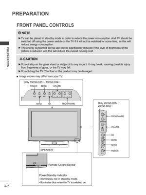Page 6
A-2
PREPARATION
PREPARATION
FRONT PANEL CONTROLS
 ■Image shown may differ from your TV.
NOTE
 ►TV can be placed in standby mode in order to reduce the power consumption. And TV should be 
switched off using the power switch on the TV if it will not be watched for some time, as this will 
reduce energy consumption. 
 ►The energy consumed during use can be significantly reduced if the level of brightness of the 
picture is reduced, and this will reduce the overall running cost.
  CAUTION
 ►Do not step on...