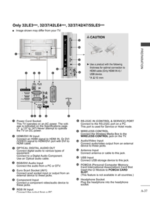 Page 41
A-37
PREPARATION
Only 32LE3***, 32/37/42LE4***, 32/37/42/47/55LE5***
 ■ Image shown may differ from your TV.
2345
7811910
1
Power Cord Socket
This TV operates on an AC power. The volt-age is indicated on the Specifications page. (► p.137 to 147) Never attempt to operate the TV on DC power.
HDMI/DVI IN Input
Connect an HDMI signal to HDMI IN. Or DVI (VIDEO) signal to HDMI/DVI port with DVI to HDMI cable.
OPTICAL DIGITAL AUDIO OUT 
Connect digital audio to various types of equipment. 
Connect to a Digital...