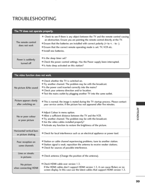 Page 101
99
APPENDIX
No picture &No soundNo or poor colouror poor picture
Poor reception on  some channels
Lines or streaks in pictures
No picture
when connecting HDMI
Horizontal/vertical bars
or picture shaking
Picture appears slowly 
after switching on
ACheck whether the TV is switched on.
ATry another channel. The problem may be with the broadcast.
AIs the power cord inserted correctly into the mains?
ACheck your antenna direction and/or location.
ATest the mains outlet by plugging another TV into the same...