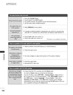 Page 102
100
APPENDI\b
APPENDI\b
T
Th
he
e 
 a
a u
u d
d \b
\bo
o  
 f
fu
u n
n \f
\ft
t\b
\bo
o n
n 
 d
d o
o e
es
s 
 n
n o
o t
t 
 w
w o
or
rk
k .
.
T
T h
he
er
re
e  
 \b
\bs
s  
 a
a  
 p
p r
ro
o b
bl
le
e m
m  
 \b
\bn
n  
 P
P C
C  
 m
m o
od
de
e.
. 
  (
( O
O n
nl
ly
y  
 P
P C
C  
 m
m o
od
de
e 
 a
a p
p p
pl
l\b
\be
e d
d )
)
APress the  VOL\fME button.
ASound muted? Press  M\fTEbutton.
ATry another \fhannel. The problem may be w\bth the broad\fast.
AAre the aud\bo \fables \bnstalled properly?...