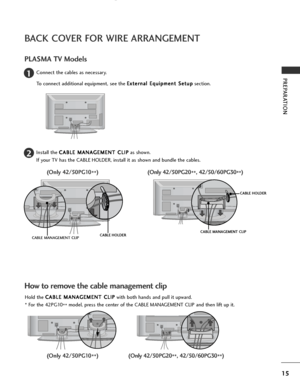 Page 17
15
PREPARATION
BACK COVER FOR WIRE ARRANGEMENT
PLASMA TV Models
Connect the cables as necessary.
To connect additional equipment, see the E E
x
xt
te
e r
rn
n a
al
l 
  E
E q
q u
ui
ip
p m
m e
en
n t
t 
 S
S e
et
tu
u p
p
section.1

Install the  C
C
A
AB
BL
LE
E  
 M
M A
AN
N A
AG
G E
EM
M E
EN
N T
T 
 C
C L
LI
IP
P
as shown.
If your TV has the CABLE HOLDER, install it as shown and bundle the cables.2

CABLE MANAGEMENT CLIP

Hold the  C
C
A
AB
BL
LE
E  
 M
M A
AN
N A
AG
G E
EM
M E
EN
N T
T 
 C
C L
LI...