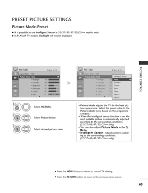 Page 67
65
PICTURE CONTROL
PRESET PICTURE SETTINGS
Picture Mode-Preset
Select PICTURE .
2
Select Picture Mode .
3
Select desired picture value.

1

Aspect Ratio   : 16:9
Picture Mode  : Vivid
• Backlight 100
• Contrast 100
• Brightness 50
• Sharpness 70
• Colour 70
• Tint 0
PICTUREMove
OK
E
Picture Mode : Vivid

Aspect Ratio   : 16:9
Picture Mode  : Vivid• Backlight 100
• Contrast 100
• Brightness 50
• Sharpness 70
• Colour 70
• Tint 0
PICTUREMove
OK
E
Picture Mode : VividIntelligent Sensor
Vivid
Standard...