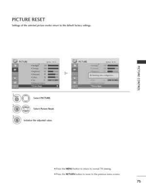 Page 75
73
PICTURE CONTROL
PICTURE RESET
Settings of the selected picture modes return to the default factory settings.Select PICTURE .
2
Select Picture Reset.
3
Initialize the adjusted value.
1

• Backlight 100
• Contrast 100
• Brightness 50
• Sharpness 70
• Colour 70
• Tint 0
• Advanced Control
PICTUREMove
OKD
• 
Picture Reset

• Backlight 100
• Contrast 100
• Brightness 50
• Sharpness 70
• Colour 70
• Tint 0
• Advanced Control
PICTUREMove
OKD
• Picture Reset

Resetting video configuration...
i
i

MENU
OK 
OK...