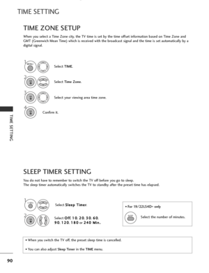 Page 92
90
TIME SETTING
TIME SETTING
You do not have to remember to switch the TV off before you go to sleep.
The sleep timer automatically switches the TV to standby after the preset time has elapsed.
SLEEP TIMER SETTING
When you select a Time Zone city, the TV time is set by the time offset information based on Time Zone and
GMT (Greenwich Mean Time) which is received with the broadcast signal and the time is set automatically by a
digital signal.
TIME ZONE SETUP
Select TIME.
2
Select  Time Zone .
1
3
Select...