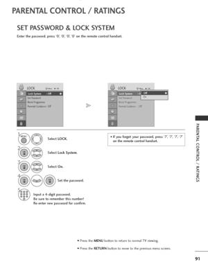 Page 93
91
PARENTAL CONTROL / RATINGS
PARENTAL CONTROL / RATINGS
SET PASSWORD & LOCK SYSTEM
Enter the password, press ‘0’, ‘0’, ‘0’, ‘0’ on the remote control handset.Select LOCK.
2
Select  Lock System .
3
Select On.
4
Set the password.
5
Input a 4-digit password.
Be sure to remember this number!
Re-enter new password for confirm.

1• If you forget your password, press ‘7’, ‘7’, ‘7’, ‘7’
on the remote control handset.

Lock System : Off
Set Password
Block Programme
Parental Guidance : Off
LOCKMove
OK
Lock...