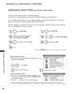 Page 142140
SOUND & LANGUAGE CONTROL
SOUND & LANGUAGE CONTROL
The Audio function allows selection of a preferred language.
If audio data in a selected language is not broadcast, the default language audio will be played.
Use the Subtitle function when two or more subtitle languages are broadcast. If subtitle data in a selected lan-
guage is not broadcast, the default language subtitle will be displayed.
When the languages you selected as the primary for Audio Language and Subtitle Language are not supported,
you...