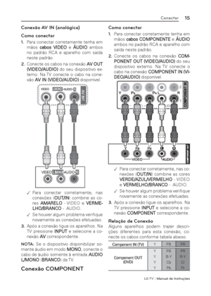 Page 15LG T V | Manual de Instruções
15Conectar
Conexão AV IN (analógica)
Como conectar
1. Para conectar corretamente tenha em 
mãos cabos VIDEO e ÁUDIO ambos 
no padrão RCA e aparelho com saída 
neste padrão.
2. Conecte os cabos na conexão AV OUT 
(VIDEO/AUDIO) do seu dispositivo ex-
terno. Na TV conecte o cabo na cone-
xão AV IN (VIDEO/AUDIO) disponível.
 .Para conectar corretamente, nas 
conexões (OUT/IN) combine as co-
res AMARELO - VIDEO e VERME-
LHO/BRANCO -  AUDIO.
 .Se houver algum problema veriﬁ...