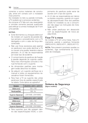 Page 1010Iniciar
conectar a outros materiais de constru-
ção, entre em contato com o instalador 
mais próximo.
Se instalado no teto ou parede inclinada, 
a TV poderá cair e provocar acidentes.
Ao comprar a TV fale com seu revendedor 
e contrate somente pessoal qualiﬁ cado 
para efetuar a correta instalação da TV em 
uma parede.
NOTAS:
 ýEvite ferimentos ou choques elétricos! 
Ao instalar um suporte de parede efe-
tue sempre o procedimento com a TV 
desligada e com o cabo de força des-
conectado.
 ýNão use...